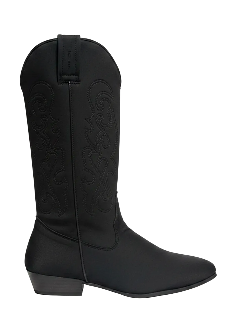 A black western-style cowboy boot with decorative embossed stitching on the shaft, shown in a side profile against a plain white background.